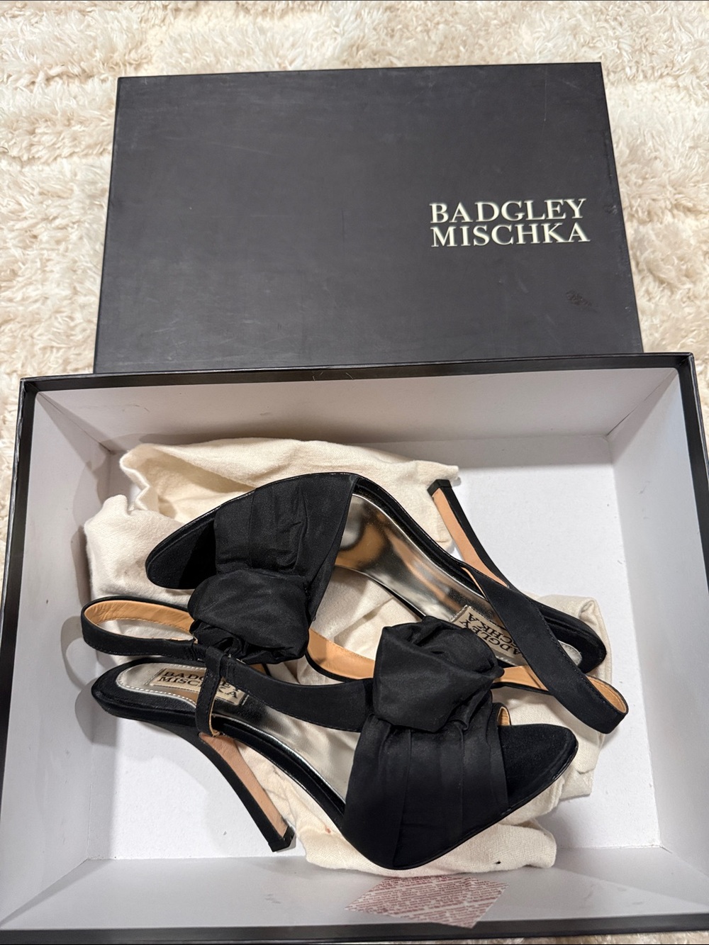 Badgley Mischka Black Satin Knotted Slingback Heels